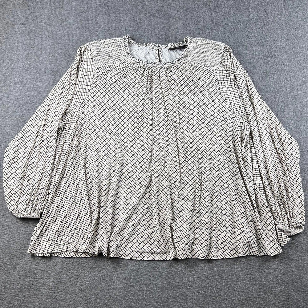 Lane Bryant Plus Size 26/28 Black White Grid Print Smocked Shoulder Blouse Top